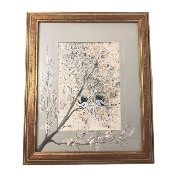 Painting Black & White Birds On Tree Branch Extending To Matt Signed Smethers